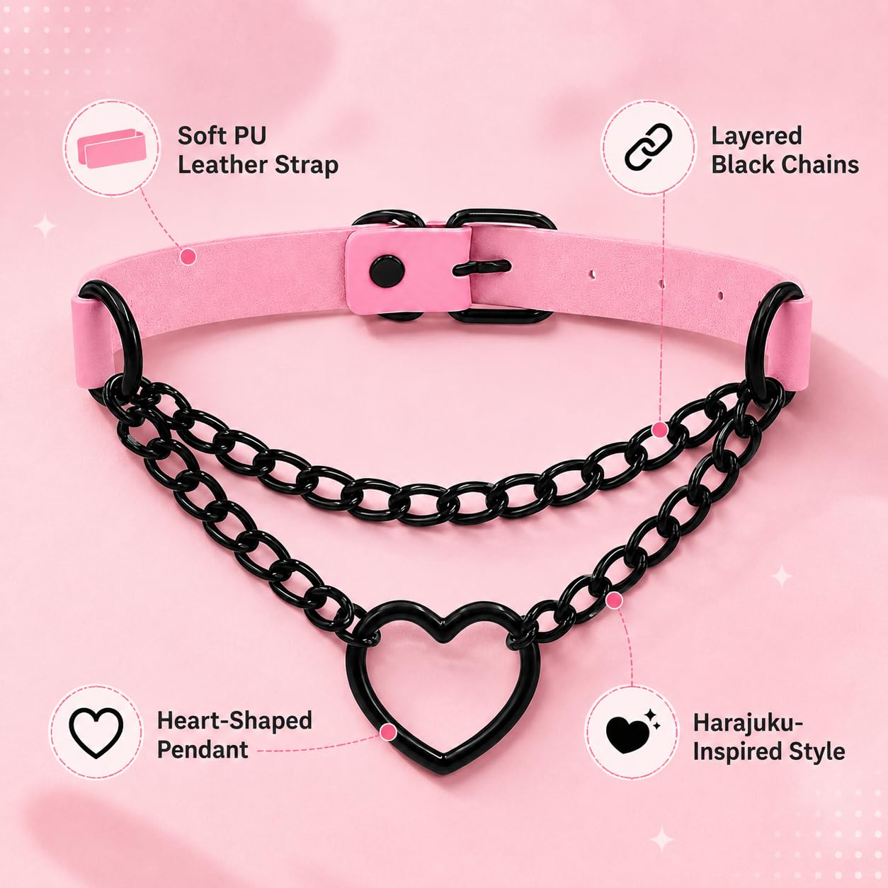 TIVMIK Punk Heart Shape Collar Necklace Leather Gothic Collar with Dangling Heart-Shaped Chain Cute Harajuku Style Women's Necklace Pink