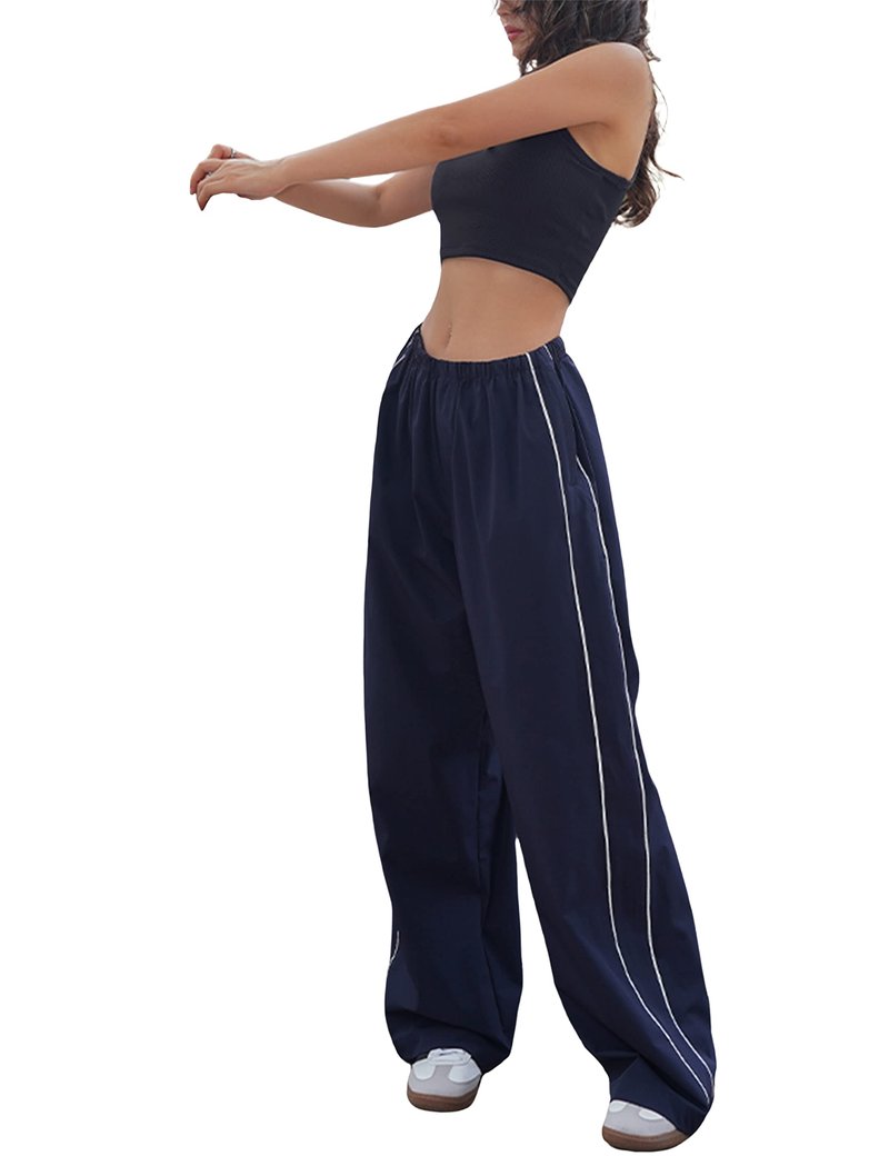 Springrain Womens Wide Leg Track Pants Slouchy Stripe Detail Jogger Sweatpants with Pockets(Navy-M)