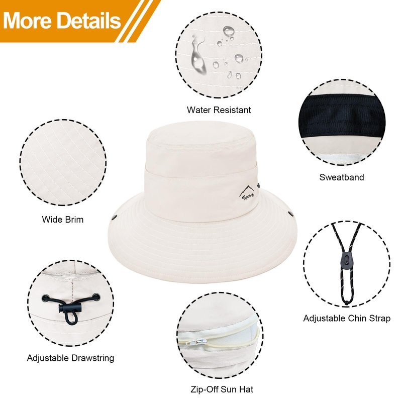 Sun Hats for Women Bucket Hat UV Protection Fishing Hat Wide Brim Safari Hats 2 in 1 Zip-Off Sun Visor Hats UPF 50+(1Pack-Beige)