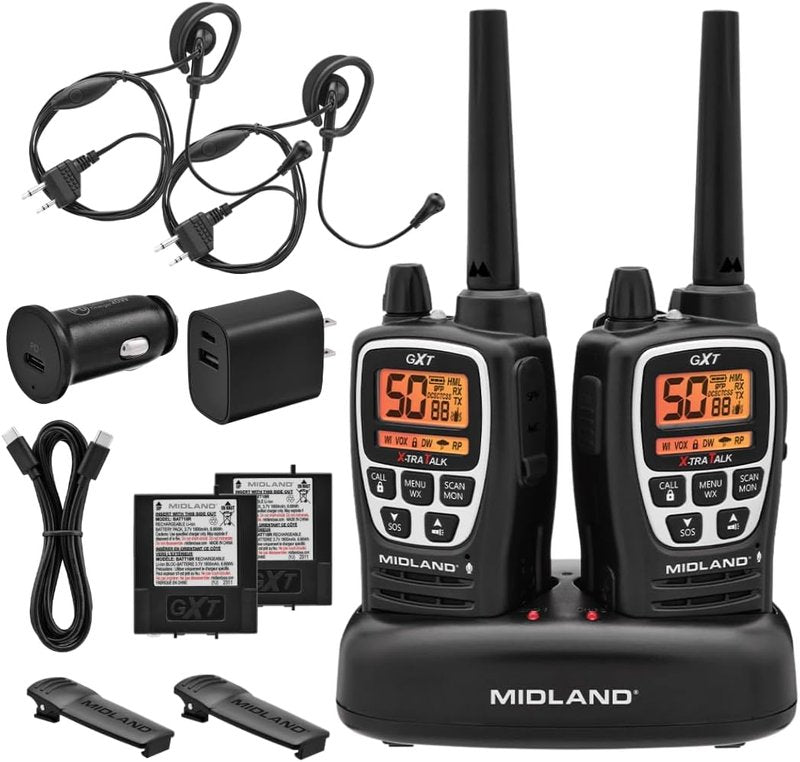 Midland GXT3000 GMRS Two-Way Radio - Long Range, 50 Channels, Rechargeable Battery | Black/Silver, 2-Pack