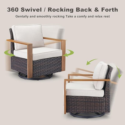 Rilyson Outdoor Wicker Patio Furniture Set - 4 Piece Patio Conversation Set with 2 Wicker Swivel Rocker Chairs,2 Rattan Ottoman, Thick Cushions, Deep Seating, Wide Armrest(Brown/Beige)