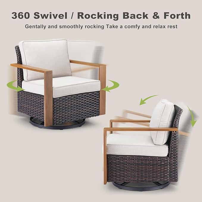 Rilyson Outdoor Wicker Patio Furniture Set - 6 Piece Patio Conversation Set with 2 Wicker Swivel Rocker Chairs,2 Rattan Ottoman,1 Side Table and 1 Couch,Thick Cushions,Deep Seating(Brown/Beige)
