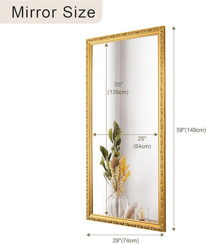 Large Decorative Mirror for Wall Decor, 59''x 29'' Gold Antiuqe Living Room Mirrors with Ornate Carvings Wood Frame, Big Vanity Mirror for Bathroom, Horizontal/Vertical