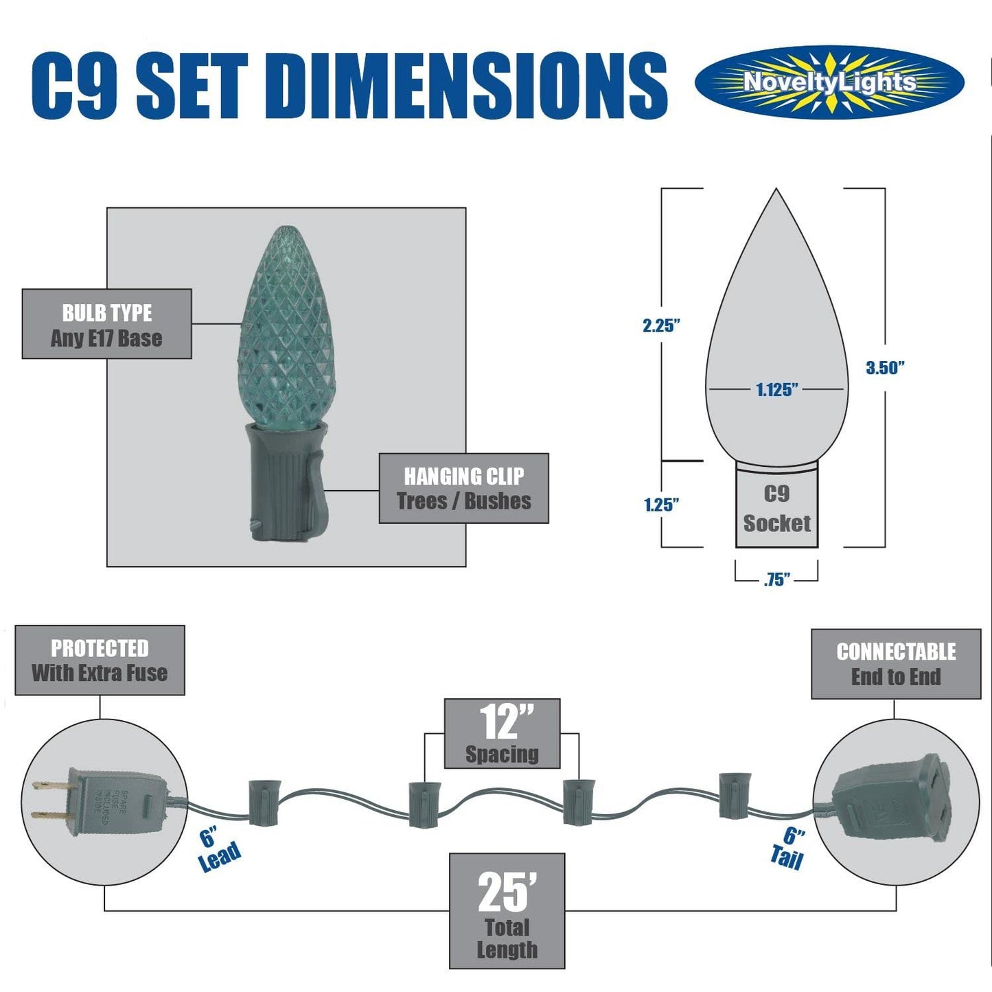 C9 Blue Outdoor Christmas Light Set - 25ft Hanging Roofline String Lights - Green Wire