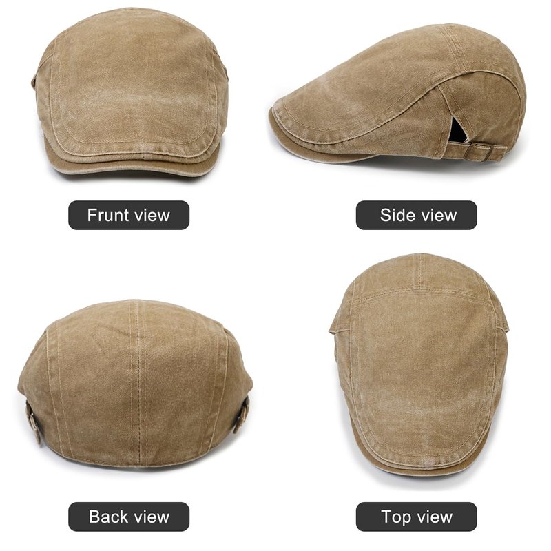 Initlove Mens Newsboy Cap Washed Beret Ivy Hat Flat Hats for Cabbie Driving Khaki