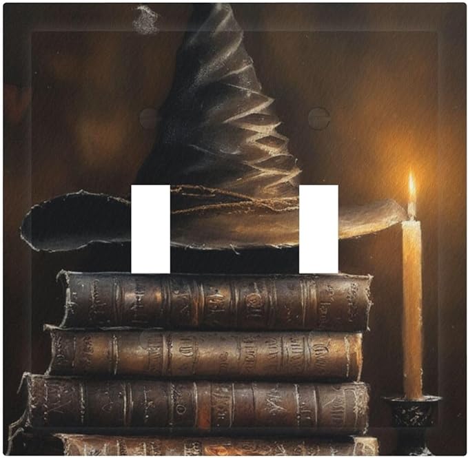 Decorative Art Light Switch Covers Wizard’s Hat & Spellbooks 2 Gang Double Toggle Wall Plate Decorative Switchcover Electrical Switchplate for Home Decor