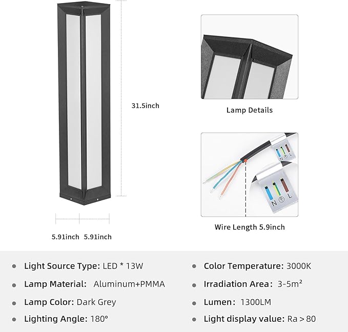 Outdoor Pathway Lights Wired, 31.5" Bollard Lights, Modern 3000K Landscape Path Lighting, Commercial LED Driveway Light, Waterproof Floor Lamp for Outside Patio Garden Yard Walkway Sideway