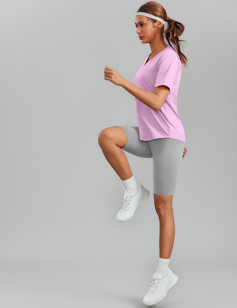 PINSPARK UPF 50 Sun Protection Shirts for Women Short Sleeve V Neck Hiking Tops Moisture Wicking UV Outdoor T-Shirts Quick Dry,Light Pink Large