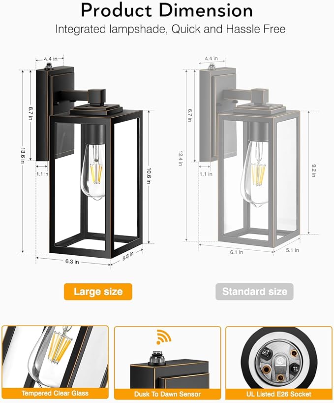 VIANIS Large 2 Pack Dusk to Dawn Outdoor Wall Lights, Black Gold Exterior House Lights Wall Mount Sconce, Modern Waterproof Front Porch Lanterns Light Fixture for Garage Coach, Outside Door Lights