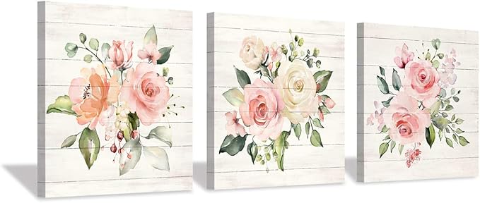 Pink Floral Canvas Wall Art: Roses Flowers Bouquet Pictures Artwork for Kitchen Bathrooms (12"x12"x3pcs)