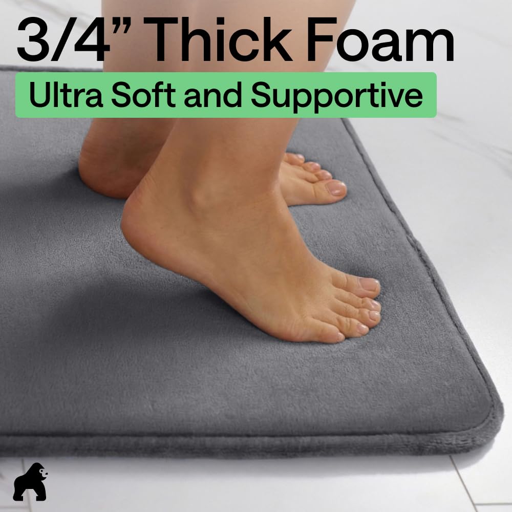 GORILLA GRIP® Memory Foam Bath Rugs, Soft Absorbent Velvet Bathroom Mats, Durable Dots on Underside, Machine Washable Bathmat, Carpet Rug Room Decor for Shower Floor, 24x17 Mat, Graphite Gray