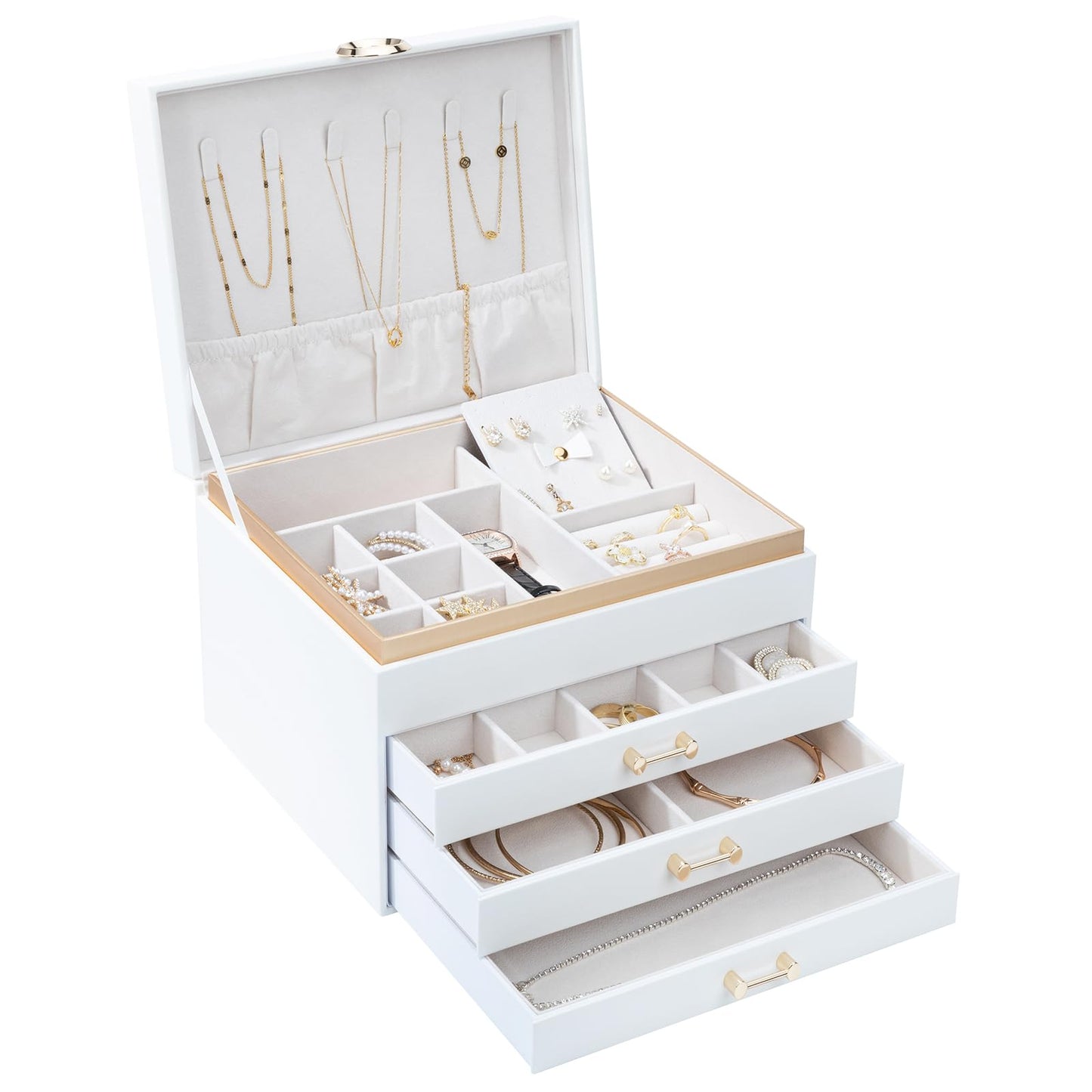 V-LAFUYLIFE Jewelry Box for Women,4-Layer Leather Jewelry Holder Organizer with 3 Drawers Large Jewelry Storage Boxes, Lots of Storage Space For Ring,Necklace,Bracelets,Earring（White）