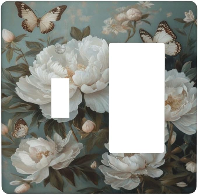 Decorative Art Light Switch Covers Butterflies & Peonies 2 Gang Single Toggle Rocker Combination Electrical Faceplate Switchplate Wall Plate for Home Decor