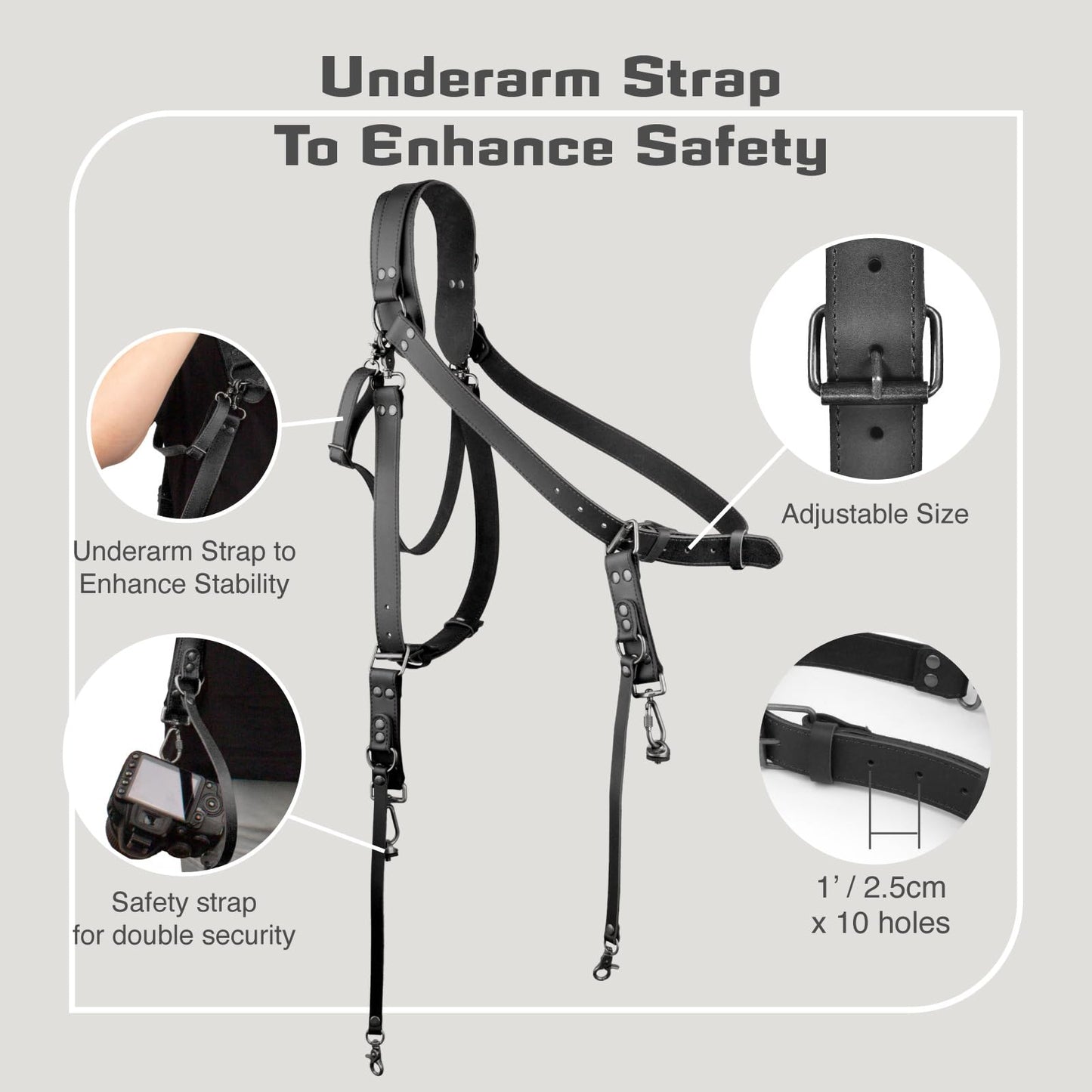 4J LEDR Leather Camera Strap,Shoulder Camera Strap for 1 or 2 Camera,Dual Camera Harness for Photographers,Multi Camera Gear for Dslr/Slr Strap,Camera Harness Camera Sling Strap Single or Dual,Black