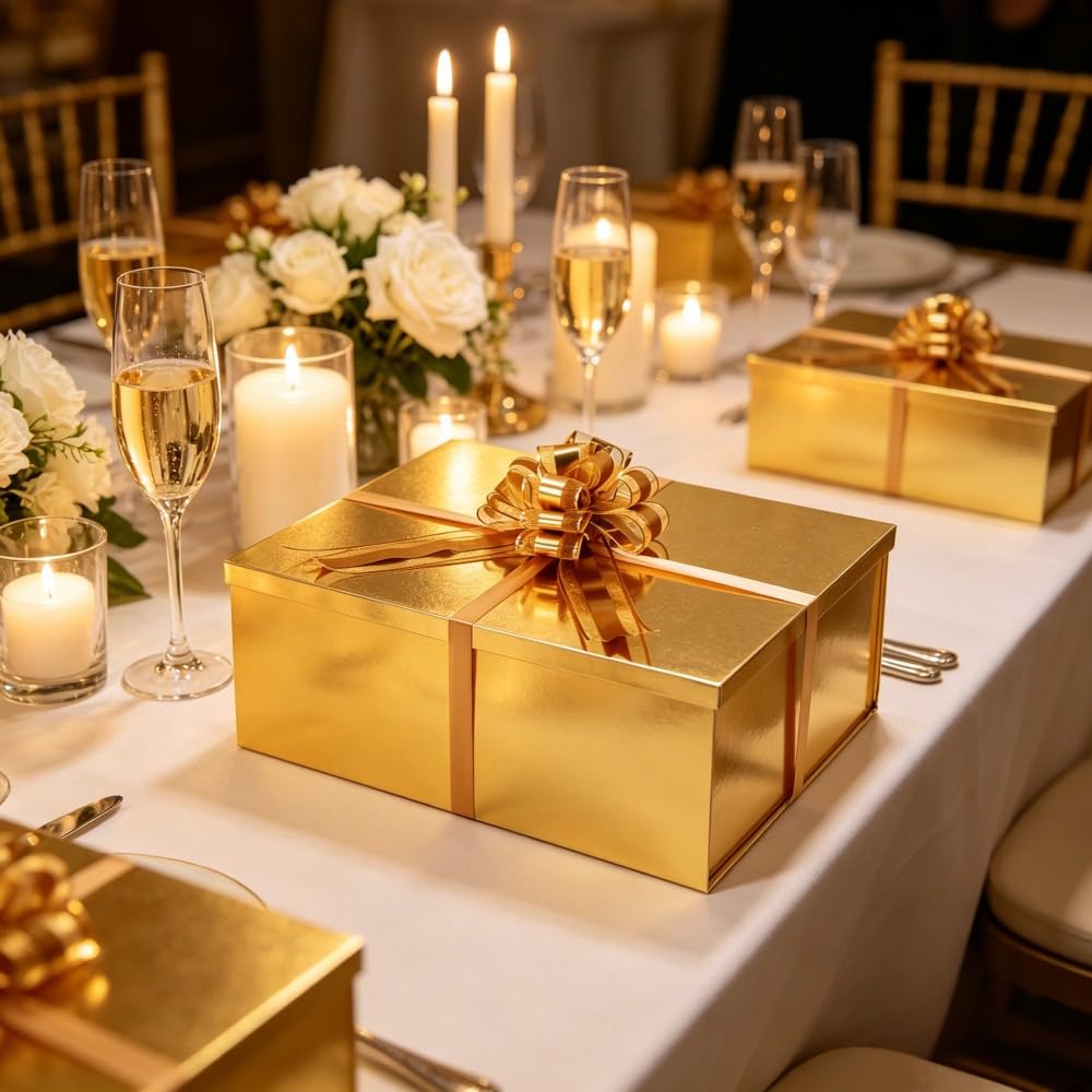 UoeRing Gold Extra Large Gift Box 1Pcs 22x17x9 inch,luxury Gift Box with Lid for Presents Birthday Christmas Valentine's Day (Contain Pull Bows,Card,Envelope,Filler)