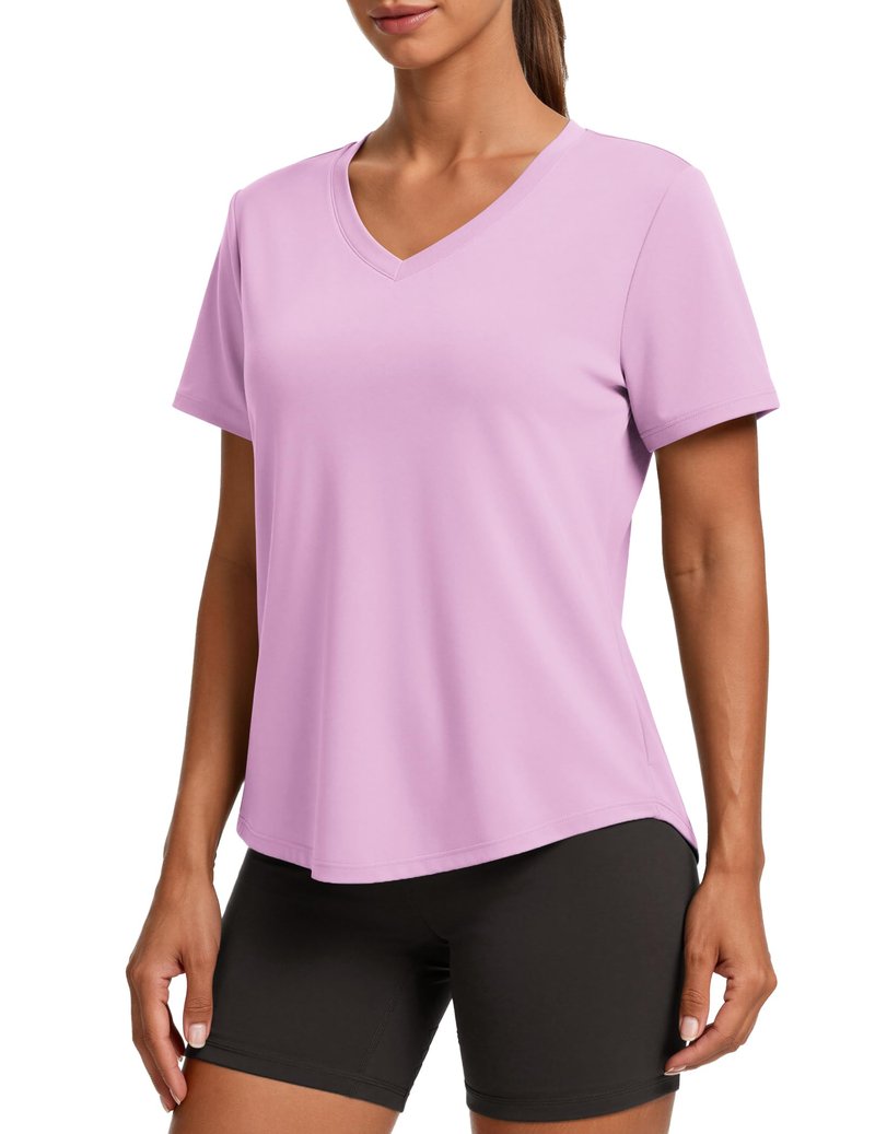 PINSPARK UPF 50 Sun Protection Shirts for Women Short Sleeve V Neck Hiking Tops Moisture Wicking UV Outdoor T-Shirts Quick Dry,Light Pink Large