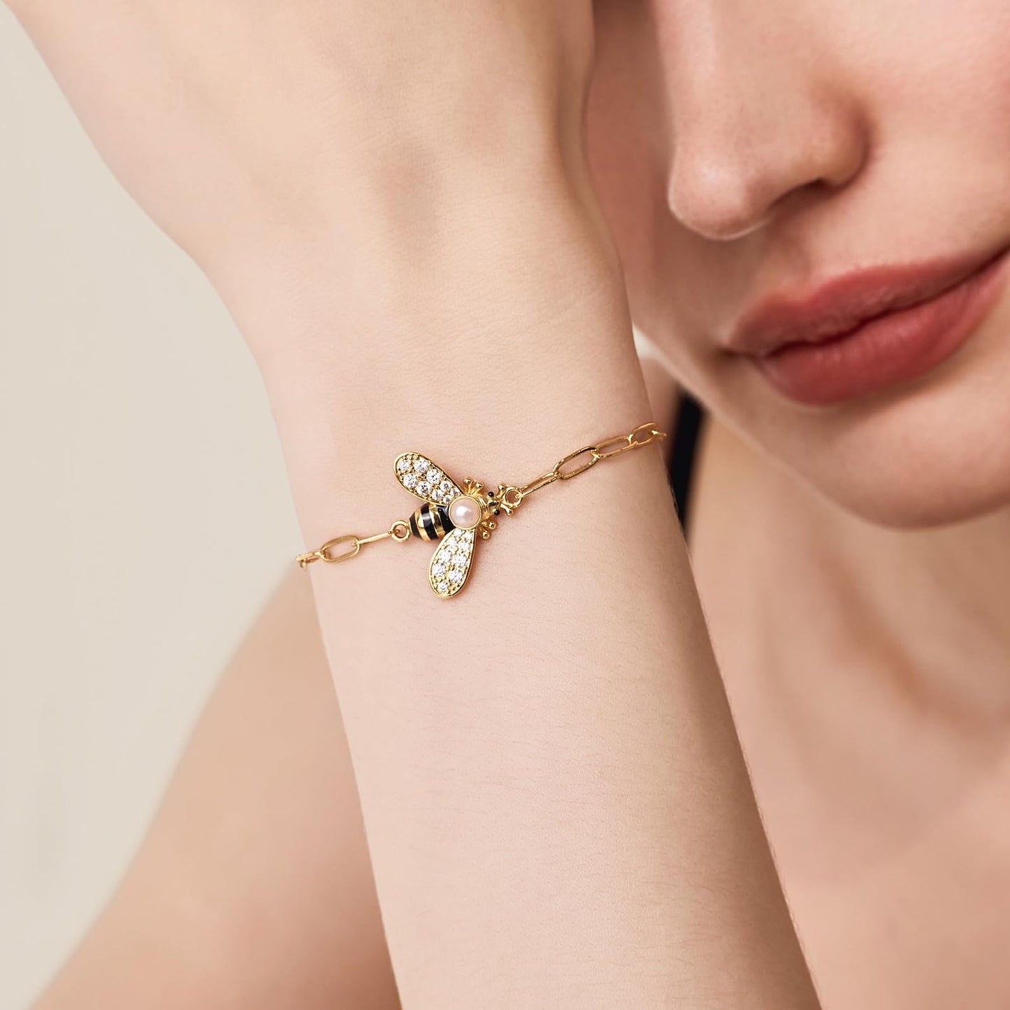Cicy Bell Bracelets for Women Bumble Bee 18K Gold Plated Bracelets Oval Pearl Cubic Zirconia Figaro Chain Trendy Cute Animal Jewelry Gift