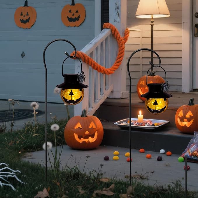 Viveta 2 Pcs Halloween Lights with Shepherd Hooks, Solar Lanterns Outdoor Waterproof for Halloween Decorations Outdoor Patio Yard Lawn