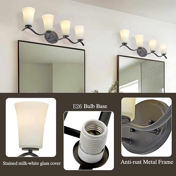 4 Light Bathroom Vanity Light Fixture, Oil Rubbed Bronze Vanity Light Fixtures with Milky White Glass Shade, Modern Bathroom Wall Sconces Lights Over Mirror