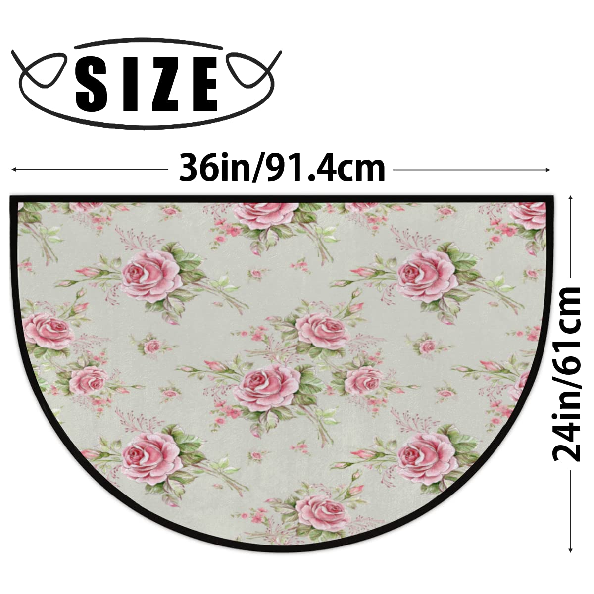 Apular 30X18 Inch Half Round Door Mat Floral Flower Rose Pattern Half Circle Rug Indoor Anti-Skid Semi Circle Doormat Entrance Floor Rug for Bathroom Kitchen Living Room Area Rugs 24 * 36in