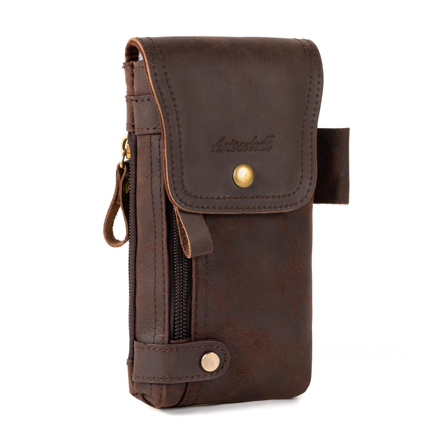 Ariscobull - Leather Phone Holster - Genuine Full-Grain Buffalo Leather Cell Phone Holsters - for iPhone 16, 15, 14, 13pro, Galaxy S24, S23, S22-7”H X 3.5" W (Dark Browm)