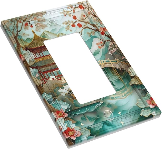 Asian Palace Traditional Bridge Cherry Blossoms Single Decora Outlet Wall Plate 1 Gang Rocker Decorative Switchplate Faceplate GFCI Light Switch Covers for Home Living Decor