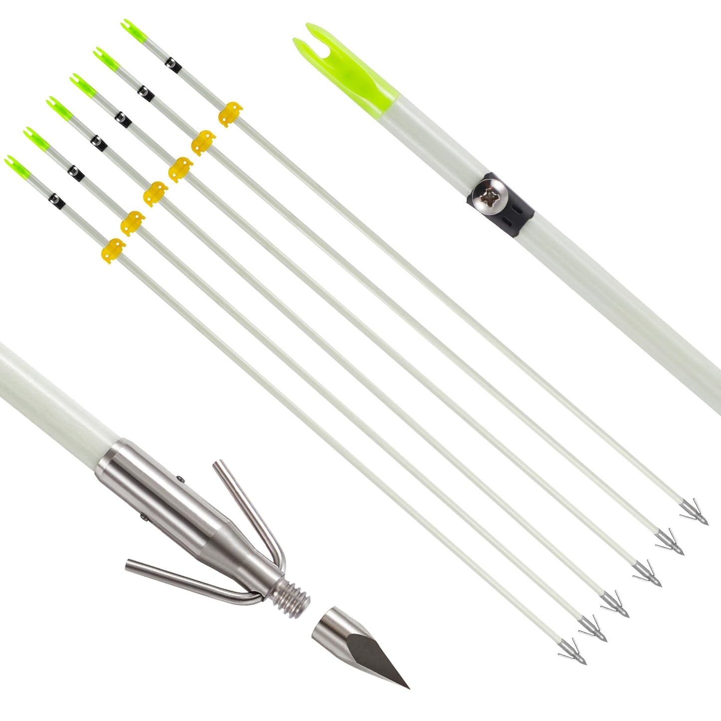 KEAUP 6 Pack 32 inch Bowfishing Arrows with Broadheads and Safty Slides Bow Fishing Arrow Luminous for Compound Bow Recurve Bow Fishing Hunting
