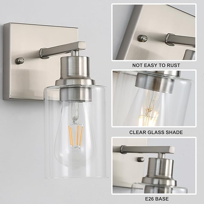 Modern Wall sconces Set of 2，Bathroom Vanity Light fixtures, Brushed Nickel Wall Light with Glass Shade, Farmhouse Wall sconces for Mirror,Bedroom,Living Room，1-Lights