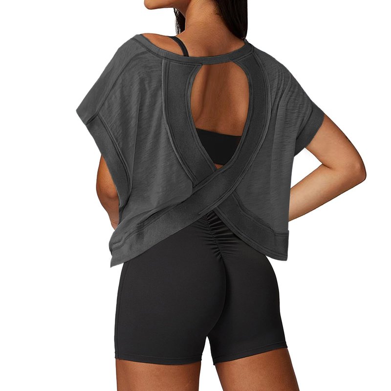 UNIANKIYA Open Back Workout Tops for Women Loose Fit Athletic Crop Tee Short Sleeve Gym Running Yoga Shirt Dark Grey