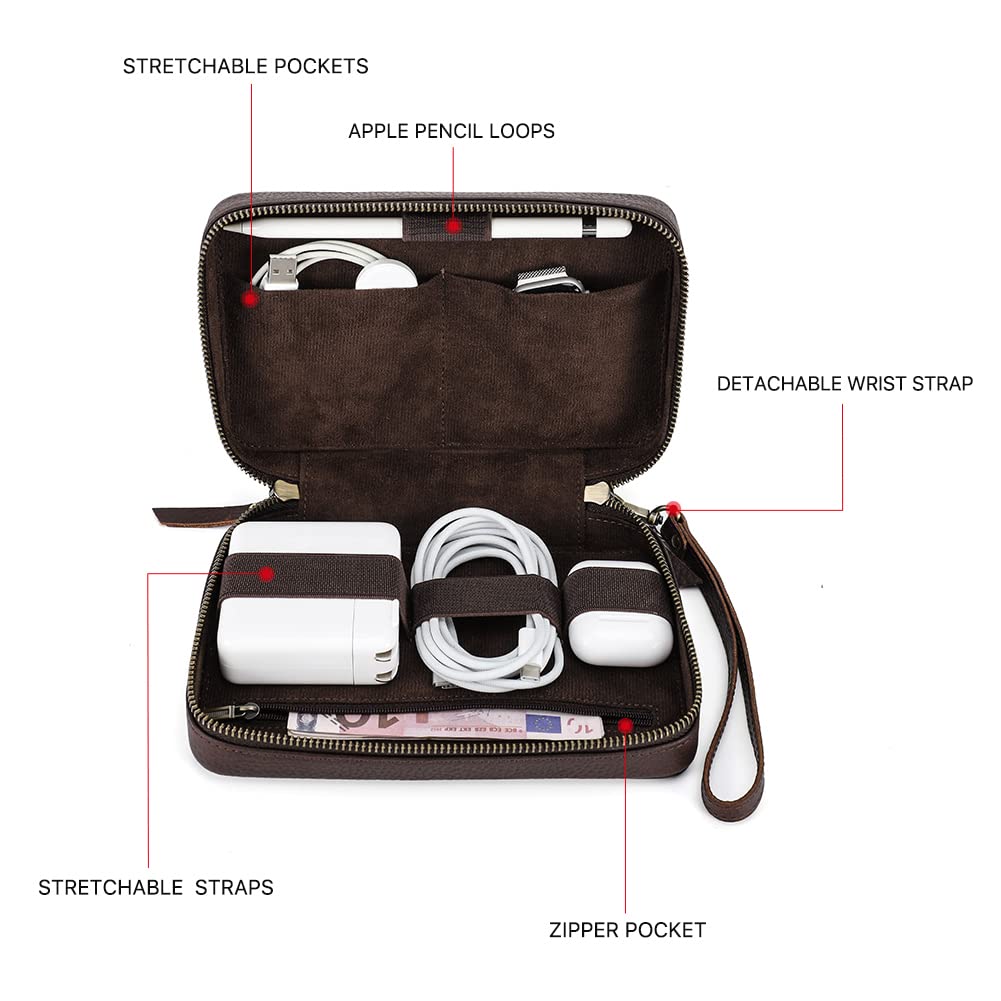 CONTACTS Full Grain Leather Electronic Organizer Travel Tech Case Electronics Accessories Storage Box Portable Holder for for Charger, Cables, Power Bank, Mouse