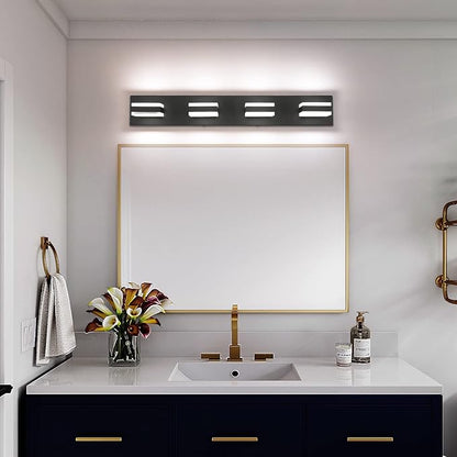 SOLFART Black Bathroom Light Fixtures 4 Lights Bathroom Vanity Light LED Dimmable Matt Black Vanity Lights 32W Cool White 6000K & 0%-100% Brightness Dimmable