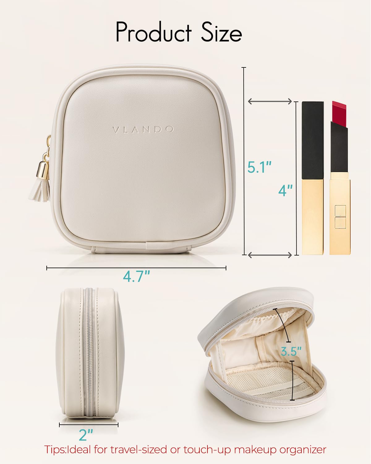 VLANDO Mini Makeup Bag, Small Makeup Bag for Purse with Slip-in Pockets, Portable Travel Toiletry Bag with Zipper, Waterproof Travel Essentials for Women - Cream White