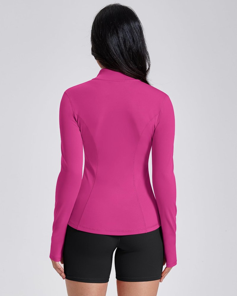 AVGO Womens Workout Jackets Lightweight Athletic Zip Up Jacket Slim Fit Running Gym Top with Pockets & Thumb Holes(Hot Pink, XL)