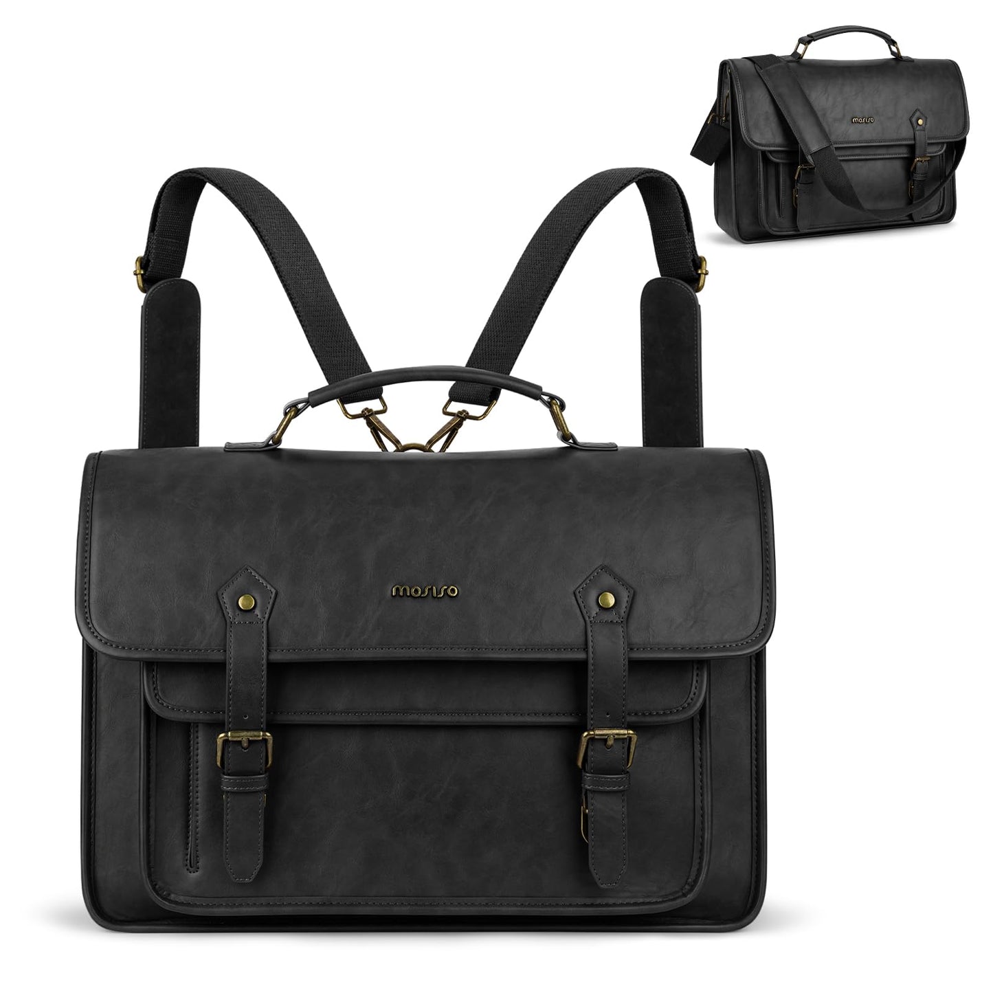 MOSISO 3 in 1 Laptop Bag, 15.6 inch PU Leather Shoulder Bag Briefcase Messenger Satchel Laptop Backpack, 15-16 inch Computer Bags Handbag Bookbag, Black