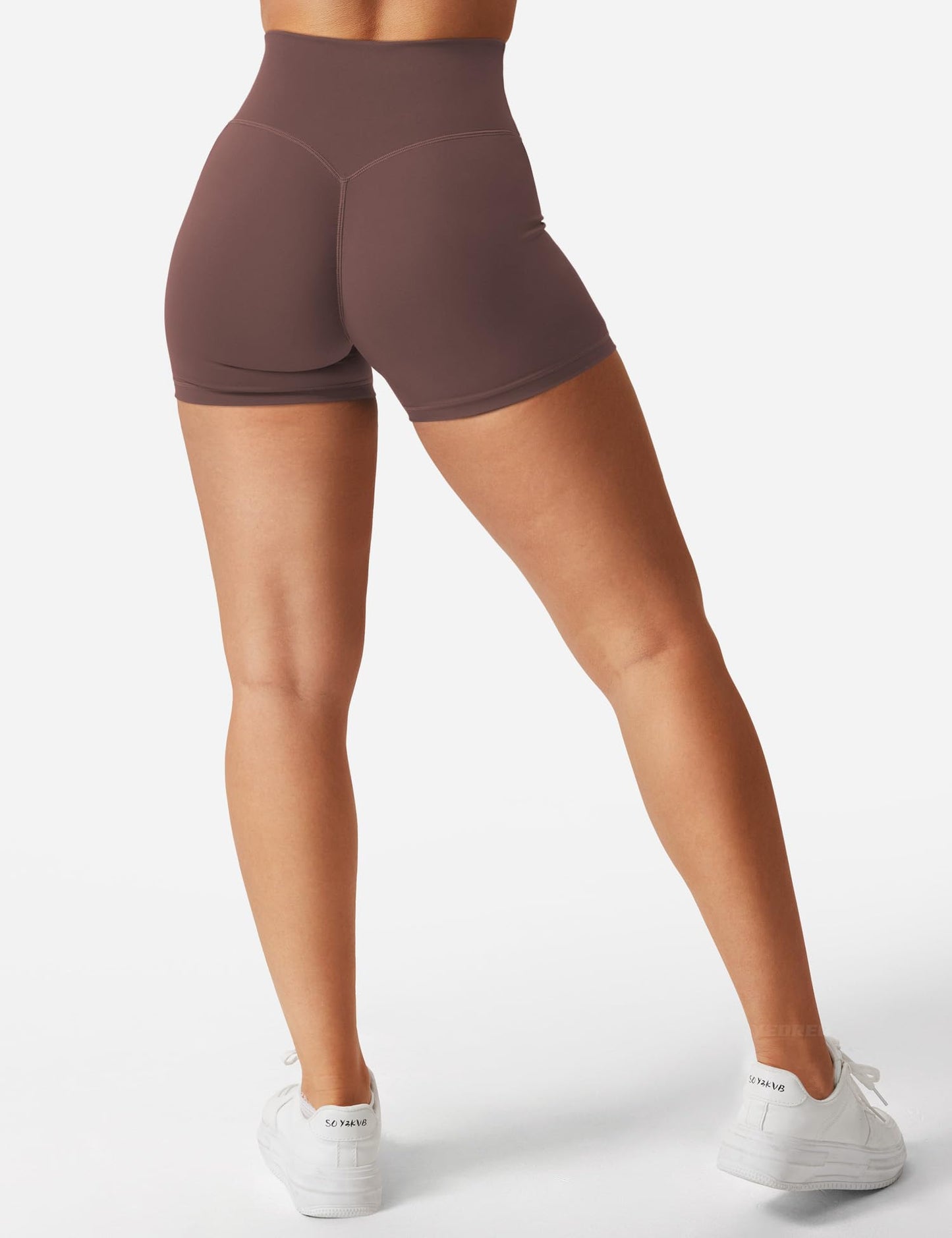 YEOREO Women's Biker Shorts 3.6" / 4.5" / 6" Workout Gym Shorts High Waist Tummy Control Hidden Scrunch Running Yoga Plum Brown