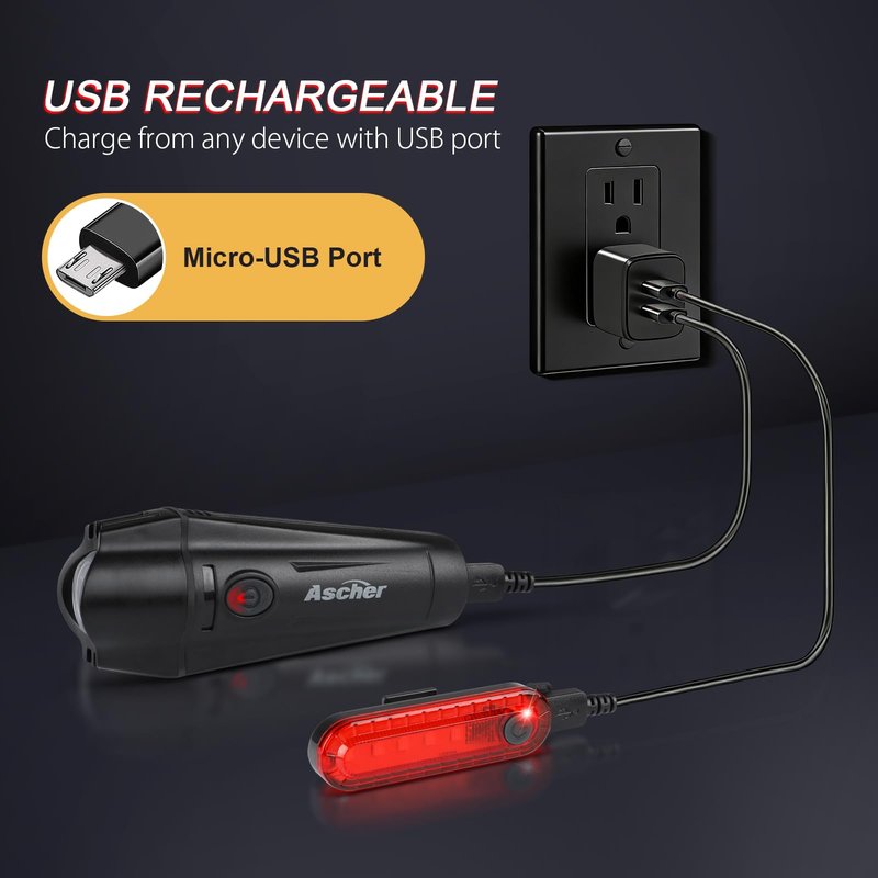 Ascher Ultra Bright USB Rechargeable Bike Light Set, Powerful Bicycle Front Headlight and Back Taillight, 4 Light Modes, Easy to Install for Men Women Road Mountain Cycling Black