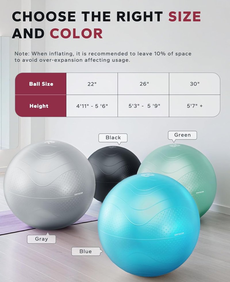Exercise Ball - Anti-Burst Slip-Resistant Yoga/Pilates Ball for Core Training | 22''/26''/30'' Sizes, Includes Quick Pump & 3 Resistance Bands