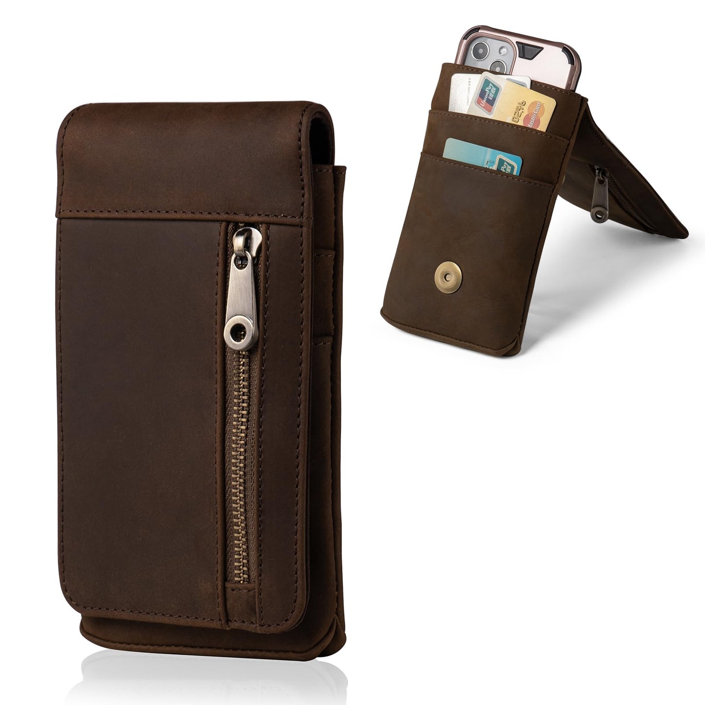 Hengwin Leather Phone Wallet Belt Holster with Card Slots for Daily, Work, Travel, Belt Clip Cell Phone Pouch Case fit for iPhone 17 Pro Max 16/15/14/13 Pro Max Samsung Galaxy S25 Ultra (Retro Brown)