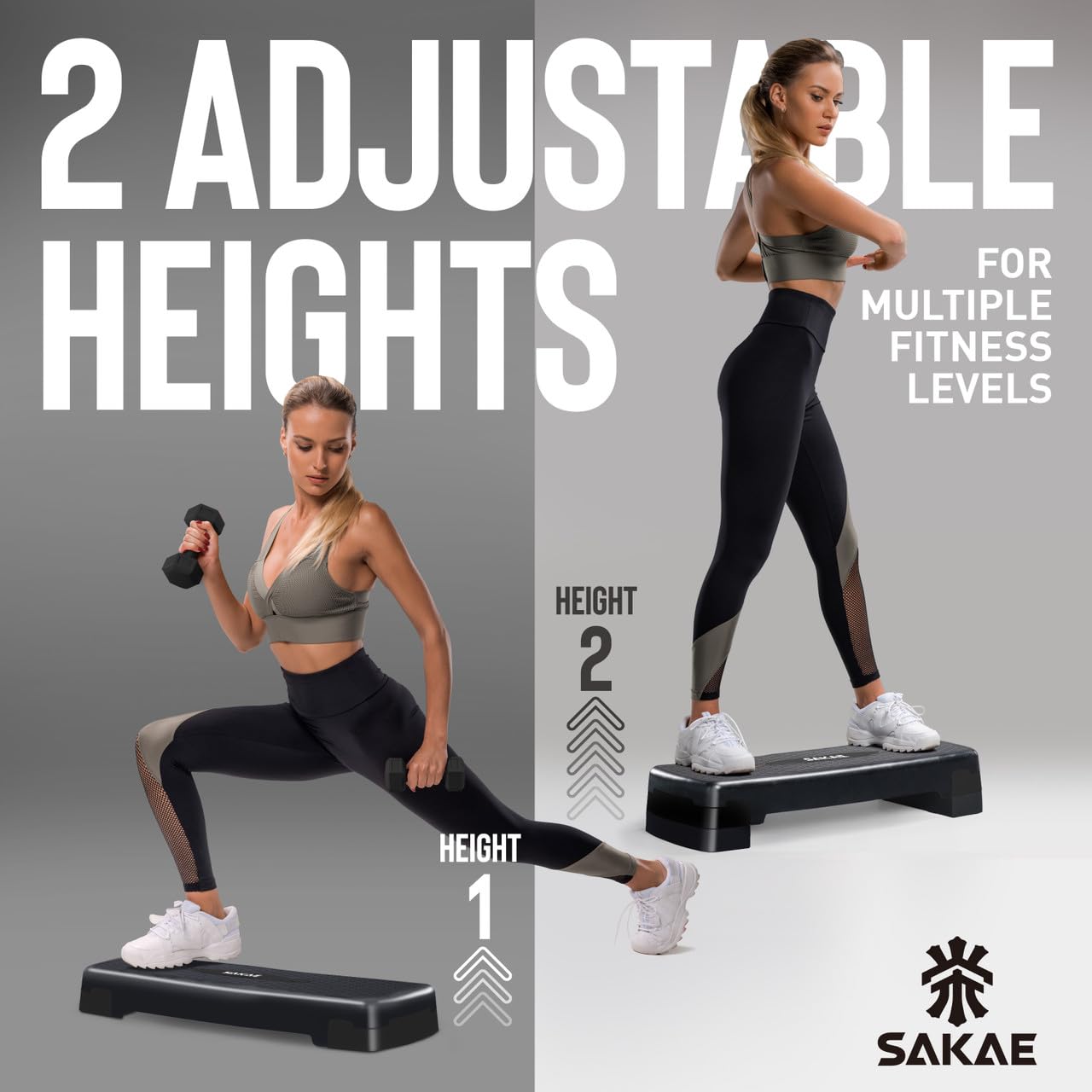 Aerobic Step Platform Set with Waist Trimmer & Measuring Tape, Adjustable Height 2 Level Risers Workout Step Exercise Platform Trainer, Aerobic Steppers for Home Exercise Fitness, Black
