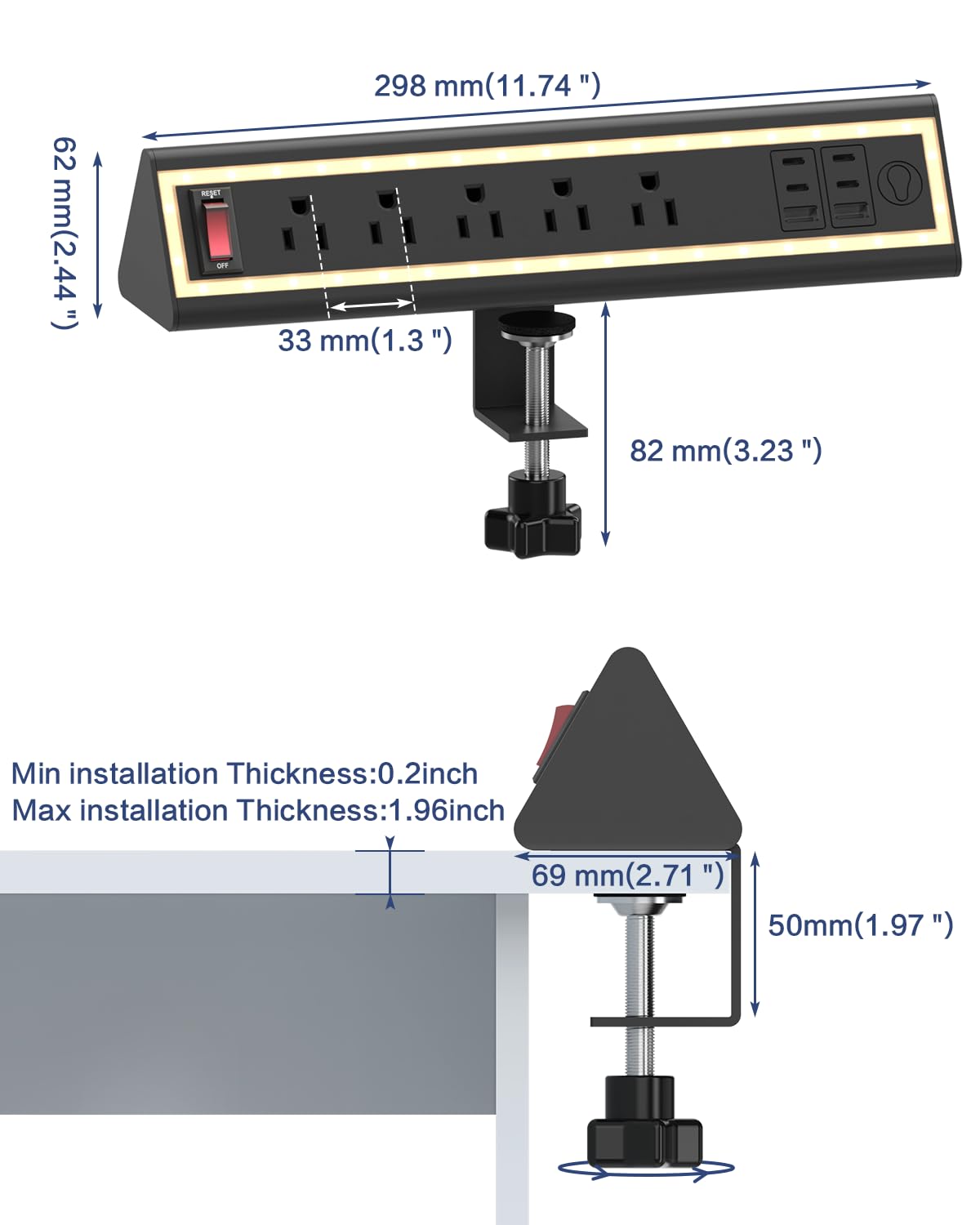 NYYTGE Desk Clamp Power Strip with Nightlight, 40W Fast Charging, 6FT Extension Cord, 4x20W USB-C & 2 USB Ports, 5 AC Outlets, Fits 1.69-Inch Table Edges