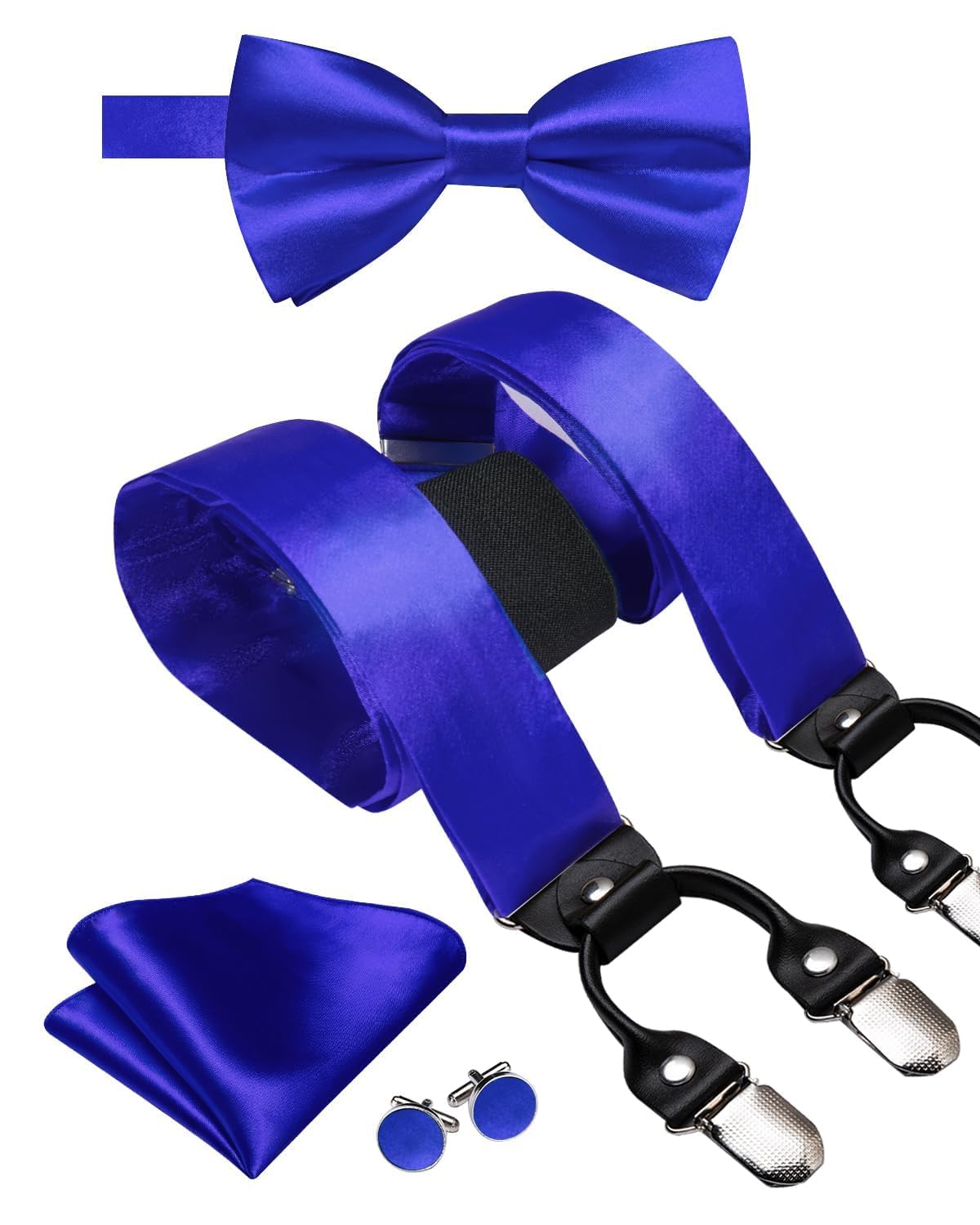 Hi-Tie Royal Blue Satin Suspender Bowtie Set for Men Suspenders Pre-tied Bow Tie Pocket Square Cufflinks Adjustable Y Shape 6 Clips Braces Tuxedo