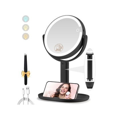 Makeup Mirror with Lights, Double Sided 1x/20x Magnifying Mirror with Light, Rechargeable 3 Color Lights and Adjustable Brightness, 360° Rotation Detachable Comes with Tweezer(Black)