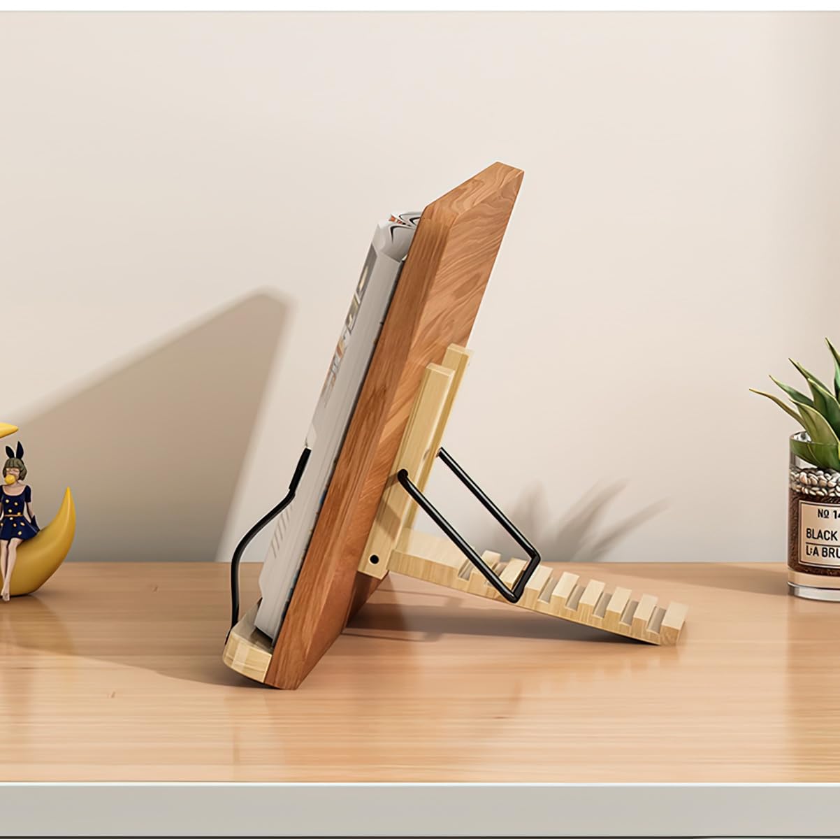Bamboo Book Stand with Page Clips - Adjustable Holder for Cookbooks/Textbooks, Stable Lightweight Portable Reading Desk (Natural Bamboo)