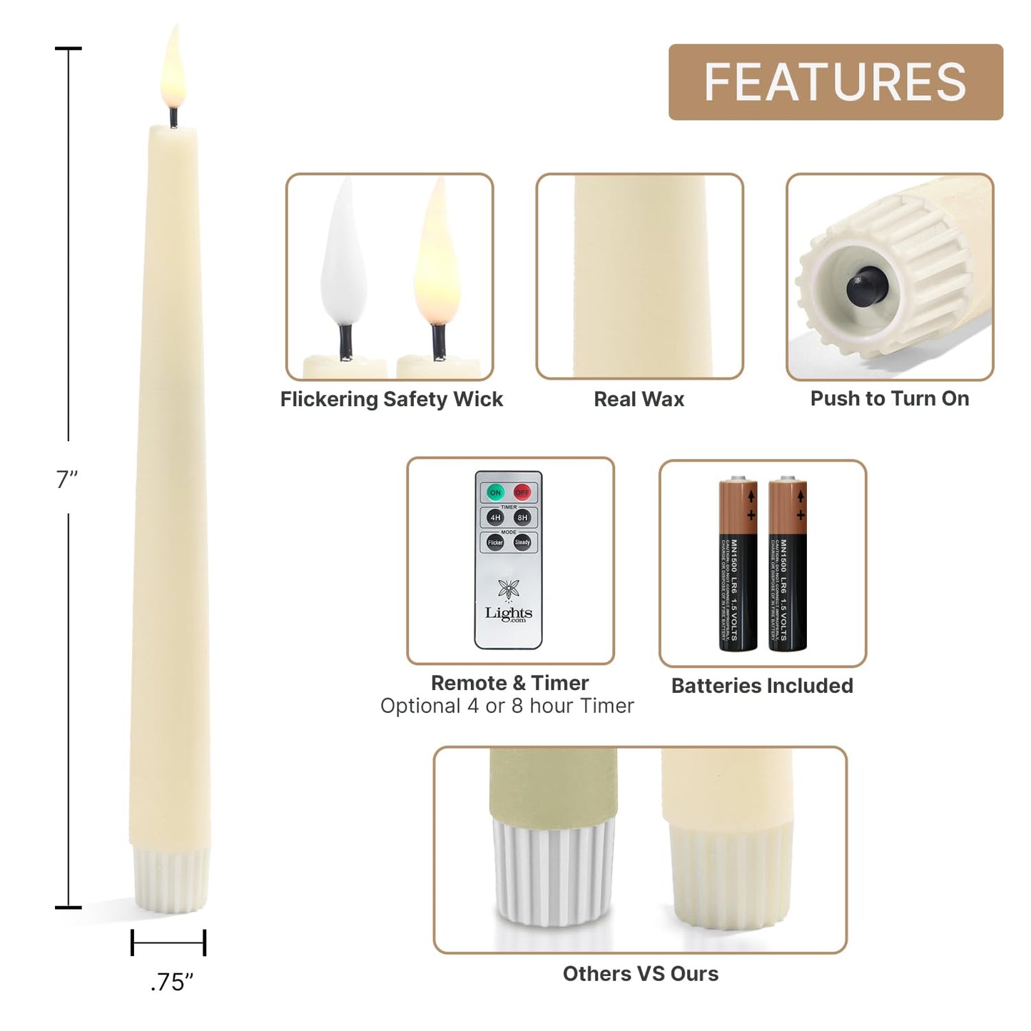 LampLust Flameless Taper Candles, Realistic Flame with Wick, 7 Inch, 10 Pack, Ivory Wax, Flickering Flameless Candle LED, Remote Included, Home Decor, Christmas Party Decorations, Wedding Centerpiece