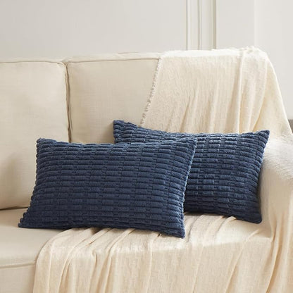 Fancy Homi Dusty Blue Lumbar Decorative Throw Pillow Covers 12x24 Inch for Living Room Couch Bed Sofa, Rustic Farmhouse Boho Home Decor, Soft Striped Corduroy Rectangle Cushion Case 30x60 cm