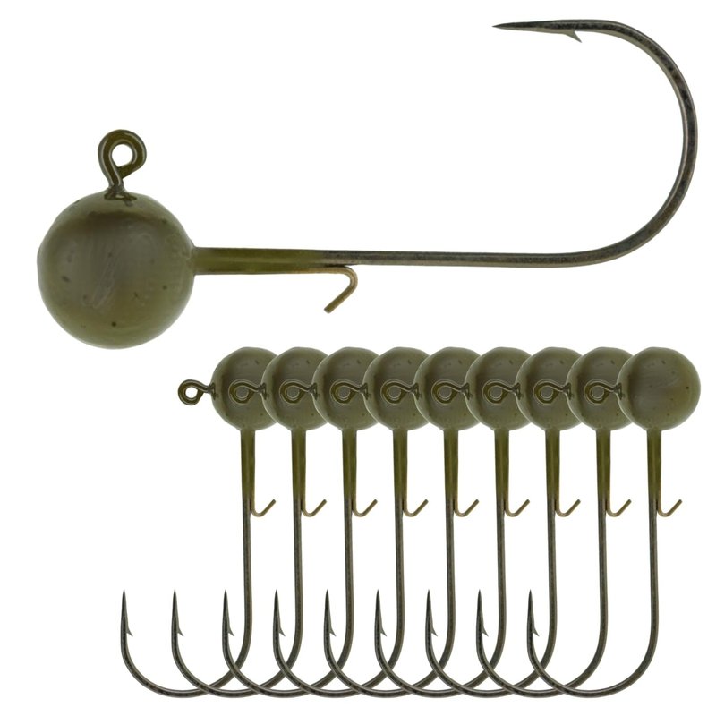Reaction Tackle Ball Jig Heads - Round Head Jigs for Bass, Walleye, Crappie and Panfish - Soft Plastic Jig Heads for Freshwater and Saltwater - 3/8 Oz - 3/0 Hook Green Pumpkin (10-Pack)