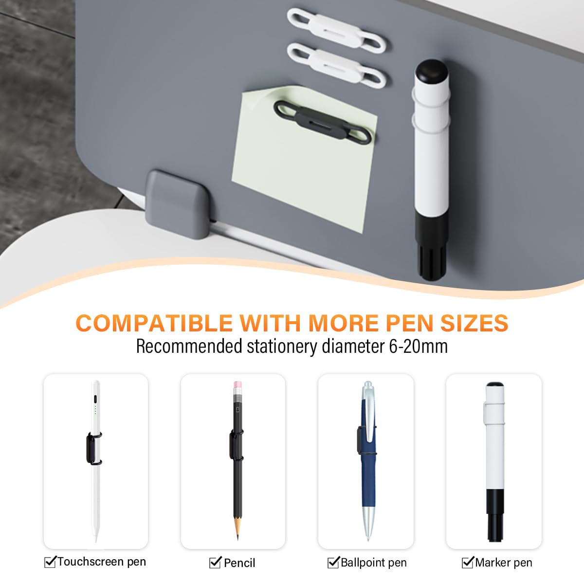 XYOFUN Magnetic Pen Holders Set of 8,Silicone Adjustable Pen Pencil Holder,Flexible Pencil Holder for Refrigerator,Whiteboards,Desk Accessories & Teacher Supplies(White-4,Black-4)