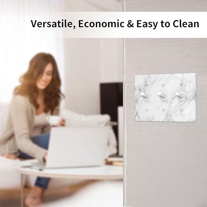 White Marble Pattern Light Switch Cover Plates Decorative Wall Plate Triple Toggle Art Print Faceplate for Kitchen Home Kids Room Decor 6.38" X 4.5"