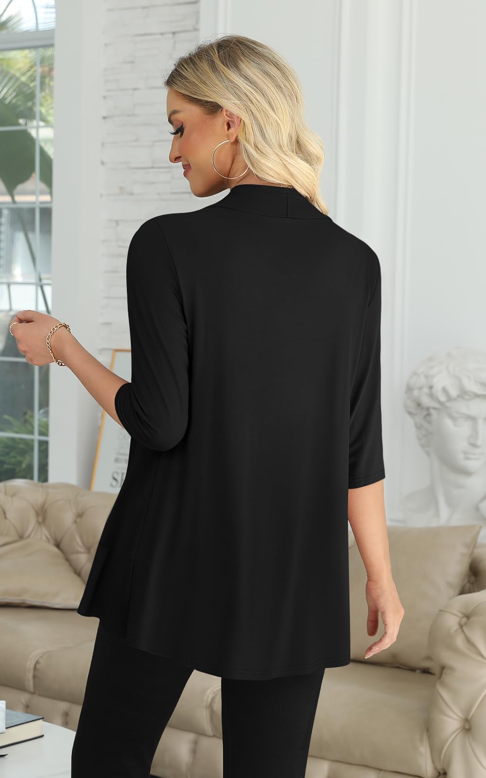 Yincro Women's 3/4 Sleeve Cardigan Casual Lightweight Soft Open Front Cardigans (Black, L)