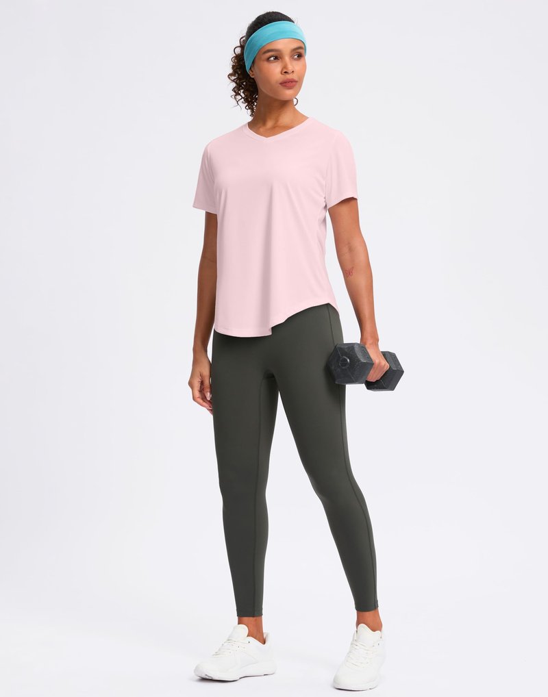 Womens Workout Shirts V-Neck Short Sleeve UPF 50+ Sun Shirt Moisture Wicking Dry Fit Top for Gym, Running, Athletic (Peach, L)